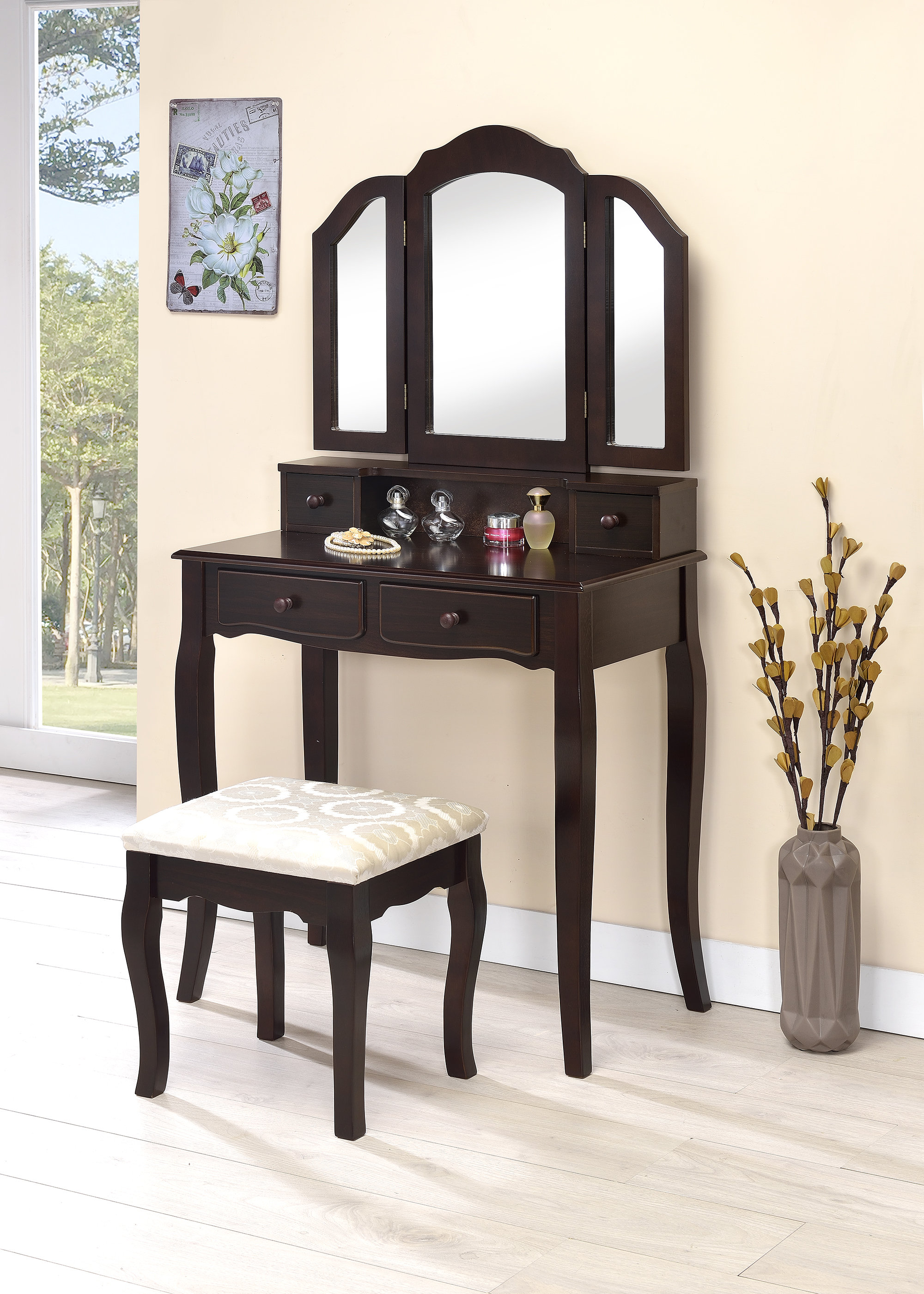 Three posts torrance vanity set with stool and mirror sale